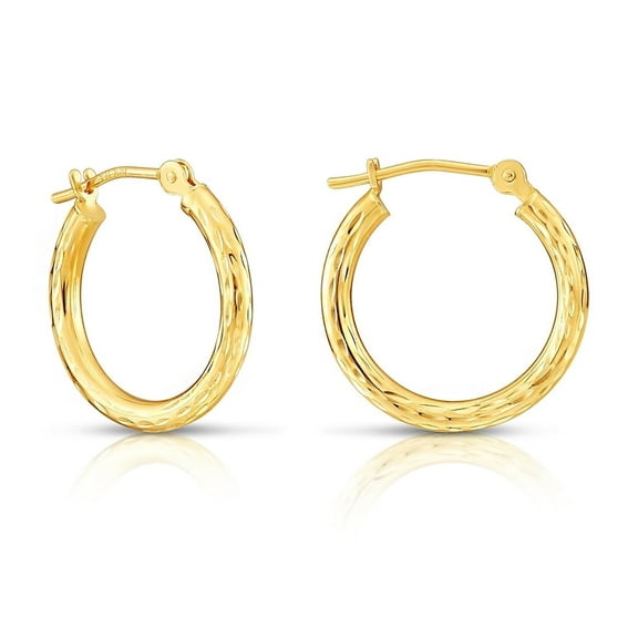 Tilo Jewelry 10K Yellow Gold Hand Engraved Full Diamond-Cut Round Hoop Earrings (16mm) for Women & Unisex