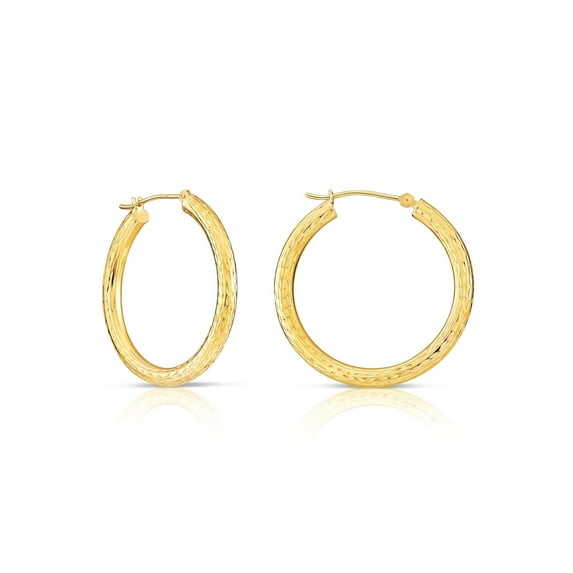 Tilo Jewelry 10K Yellow Gold Hand Engraved Full Diamond-Cut Round Hoop Earrings (22mm) for Women & Unisex