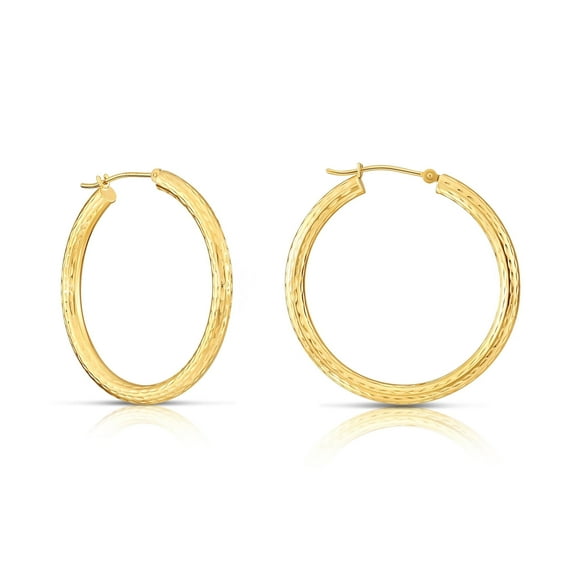Tilo Jewelry 10K Yellow Gold Hand Engraved Full Diamond-Cut Round Hoop Earrings (35mm) for Women & Unisex