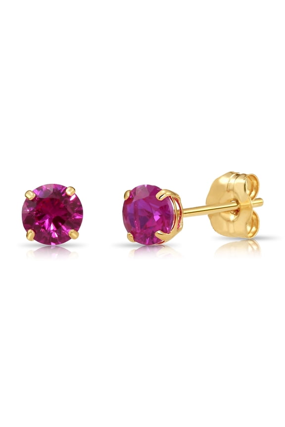 10K Yellow Gold Pink Round Stud Post Earrings with Cubic Zirconia CZ Birthstone | July-Ruby | Women, Men, Unisex