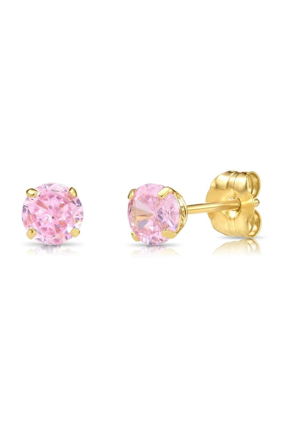 10K Yellow Gold Pink Round Stud Post Earrings with Cubic Zirconia CZ Birthstone | October-Tourmaline | Women, Men, Unisex