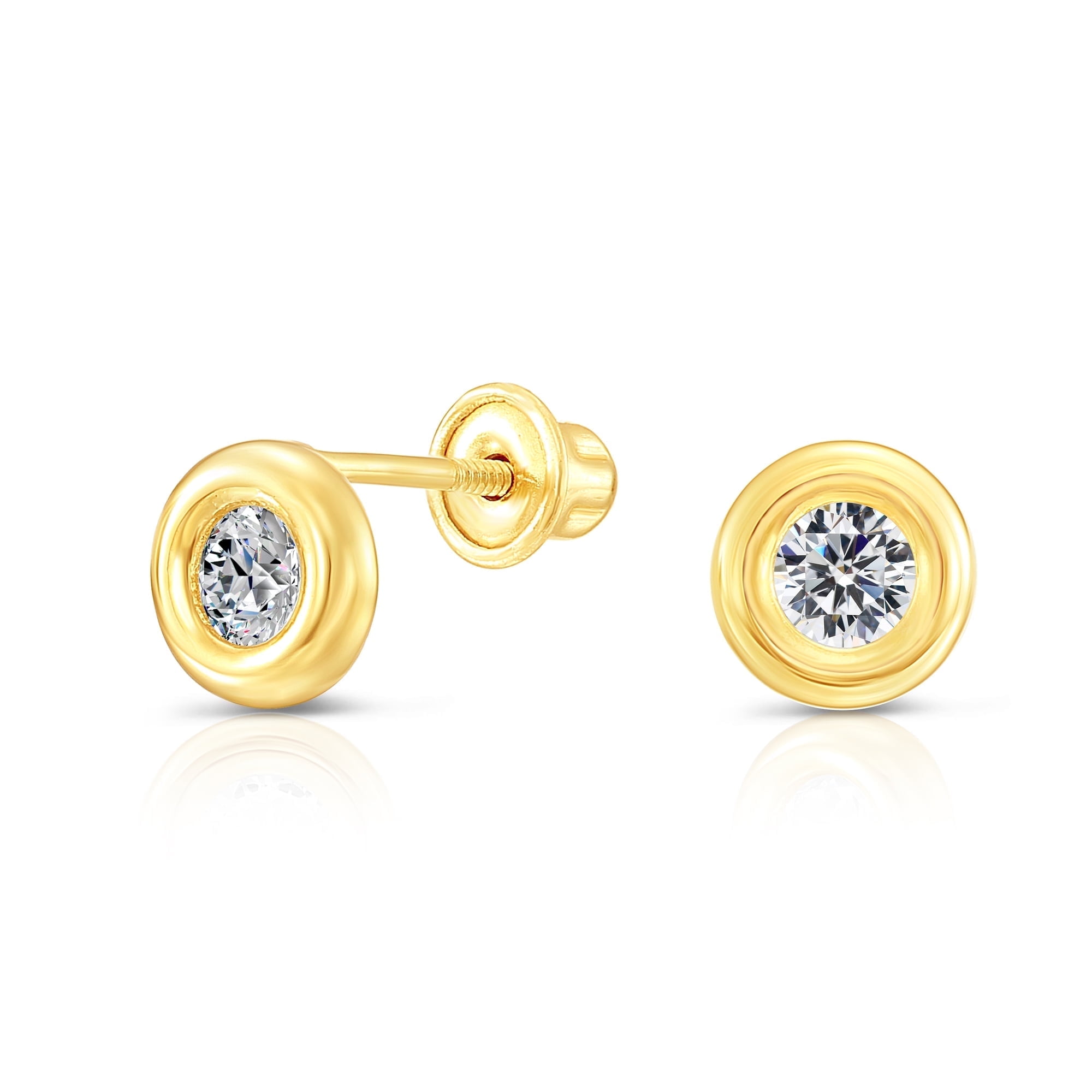 Tilo Jewelry 10K Yellow Gold Round Bezel-Set CZ Stud Post Earrings with Secure Screw-Backs | Everyday Dainty Small Earrings for Women & Unisex