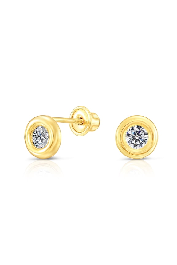 10K Yellow Gold Round Bezel-Set CZ Stud Post Earrings with Secure Screw-Backs | Everyday Dainty Small Earrings for Women & Unisex