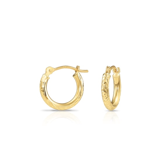 Tilo Jewelry 10K Yellow Gold Round Hoop Earrings with Diamond-Cut Engraving for Women, Men, Unisex | 13mm - 0.5 Inch
