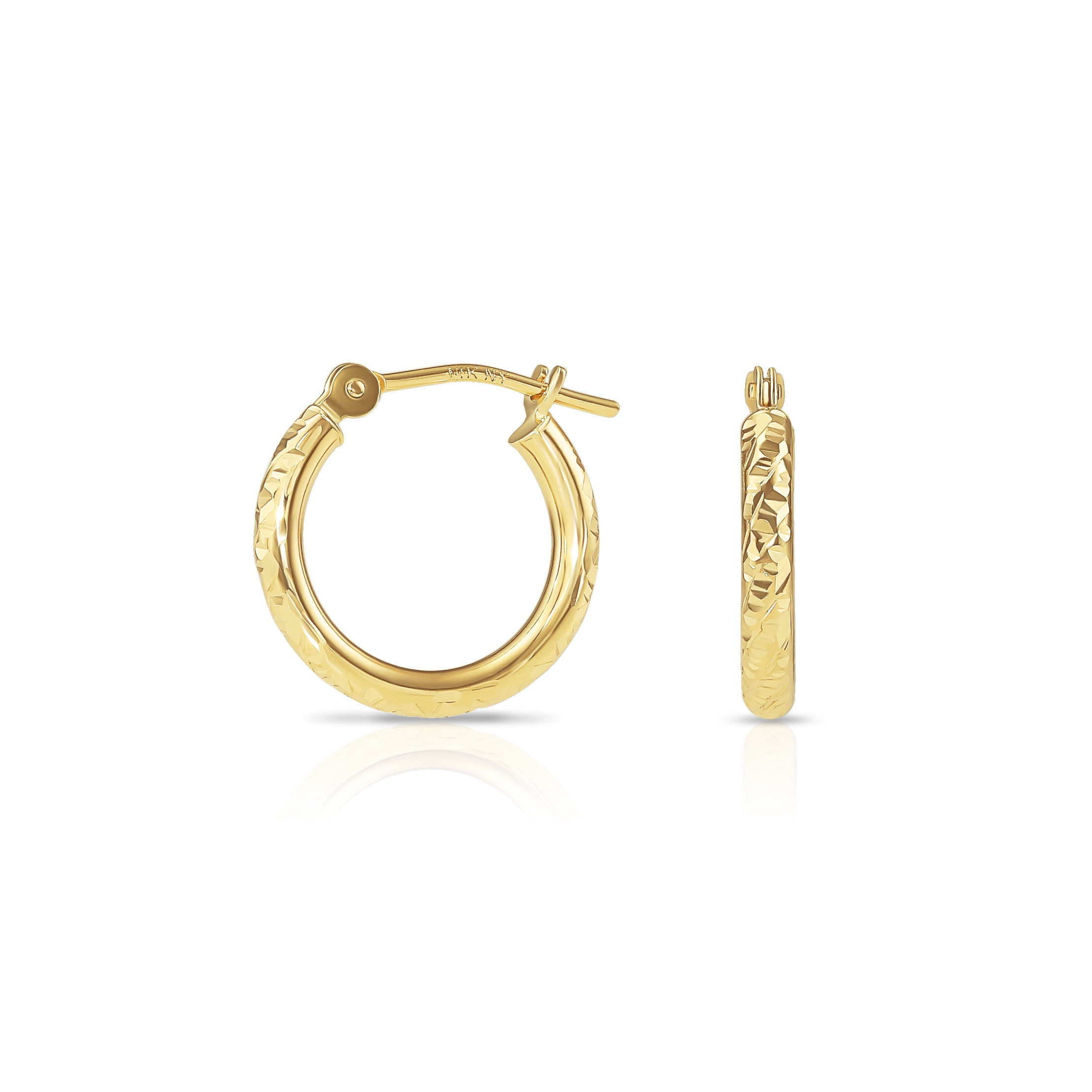 Tilo Jewelry 10K Yellow Gold Round Hoop Earrings with Diamond-Cut Engraving for Women, Men, Unisex | 14mm - 0.55 Inch