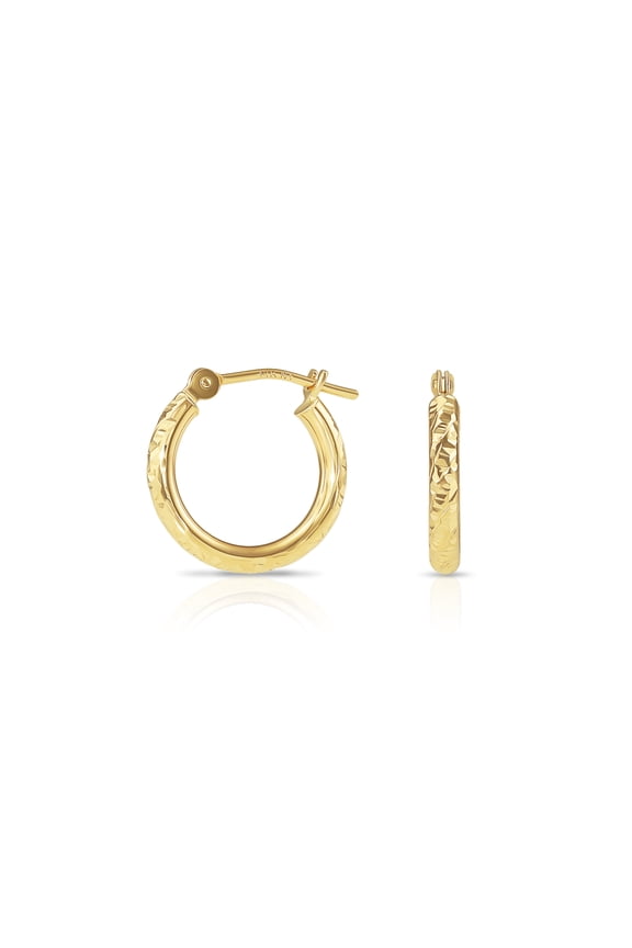 10K Yellow Gold Round Hoop Earrings with Diamond-Cut Engraving for Women, Men, Unisex | 14mm - 0.55 Inch