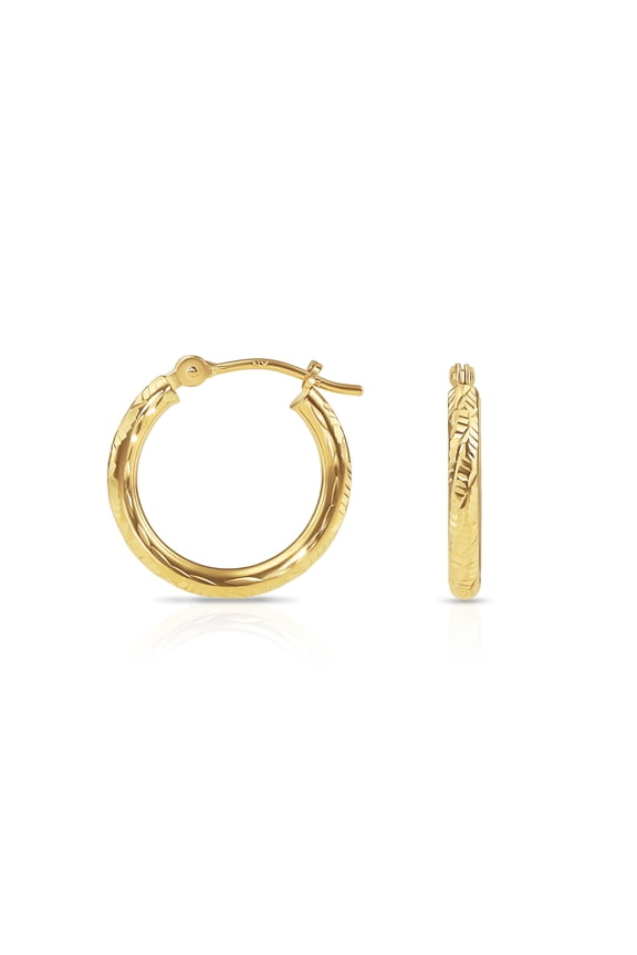 10K Yellow Gold Round Hoop Earrings with Diamond-Cut Engraving for Women & Unisex | 16mm - 0.63 Inch