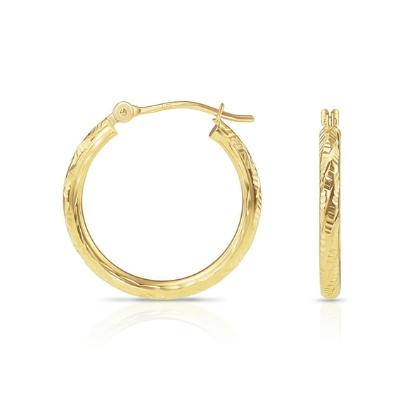 Tilo Jewelry 10K Yellow Gold Round Hoop Earrings with Diamond-Cut Engraving for Women & Unisex | 20mm - 0.8 Inch
