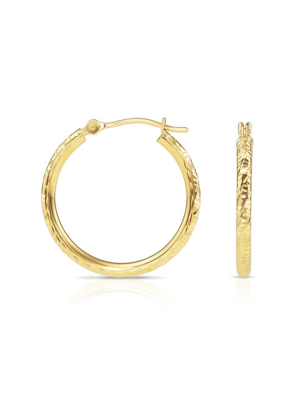 10K Yellow Gold Round Hoop Earrings with Diamond-Cut Engraving for Women & Unisex | 25mm - 1 Inch
