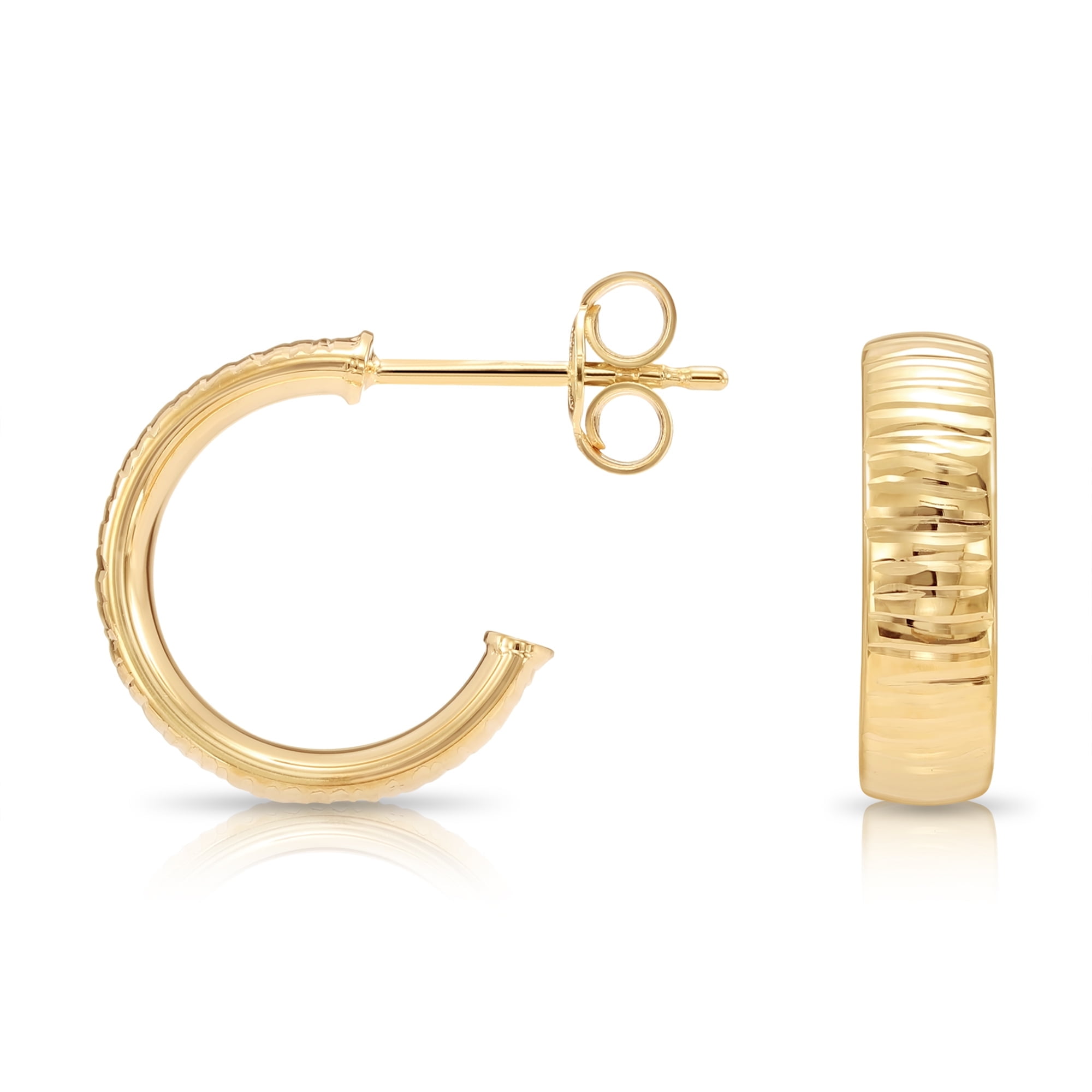 Tilo Jewelry 10K Yellow Gold Round Italian Hoop Earrings with Diamond-Cut Engraving | Secure Push-backs Post Sutds| 14mm Small | Dainty Everyday Earrings for Women & Unisex