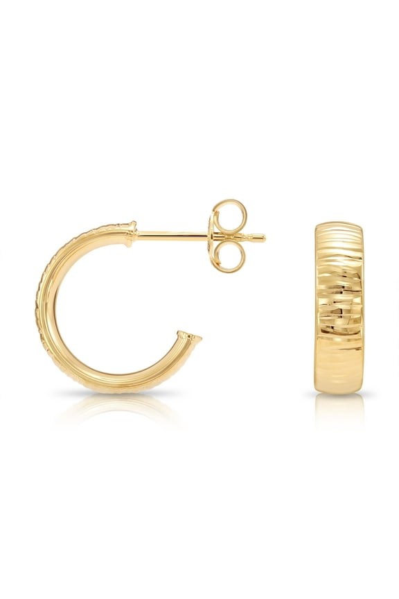 10K Yellow Gold Round Italian Hoop Earrings with Diamond-Cut Engraving | Secure Push-backs Post Sutds| 14mm Small | Dainty Everyday Earrings for Women & Unisex