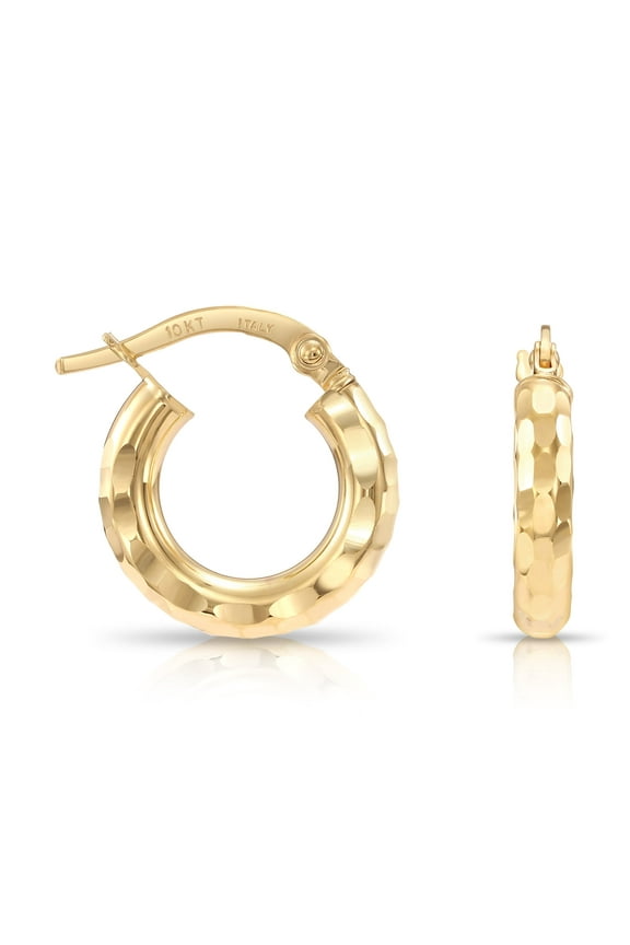 10K Yellow Gold Round Italian Hoop Earrings with Diamond-Cut Engraving | 14mm Small | Dainty Everyday Earrings for Women & Unisex