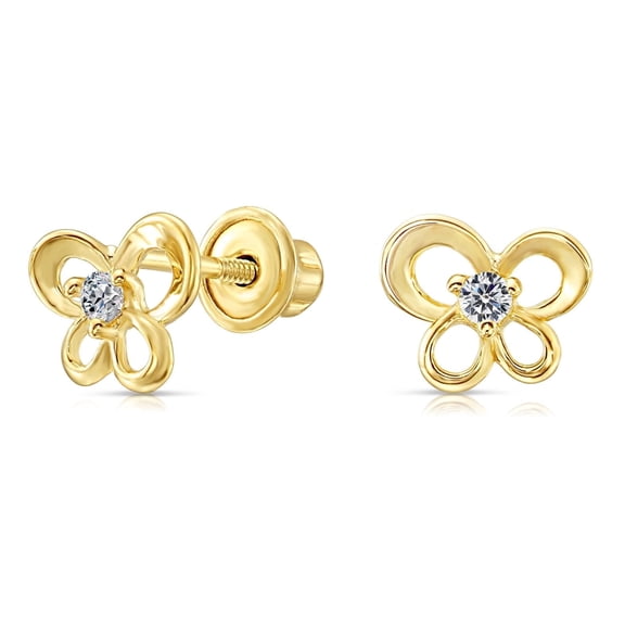 Tilo Jewelry 10K Yellow Gold Small Butterfly CZ Stud Post Earrings with Secure Screw-Backs | Everyday Dainty Small Earrings for Women, Unisex