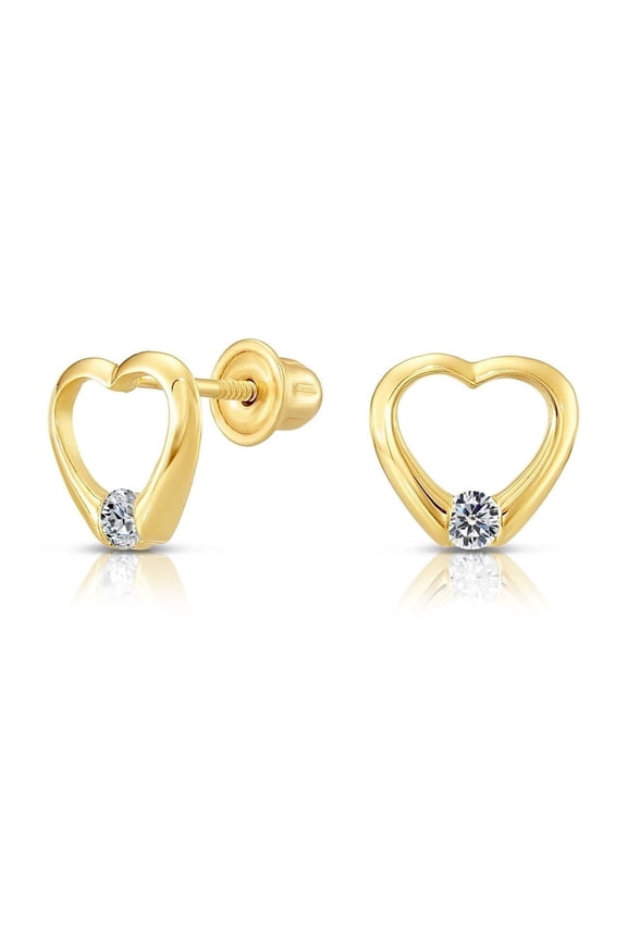 10K Yellow Gold Small Heart CZ Stud Post Earrings with Secure Screw-Backs | Everyday Dainty Small Earrings for Women & Unisex