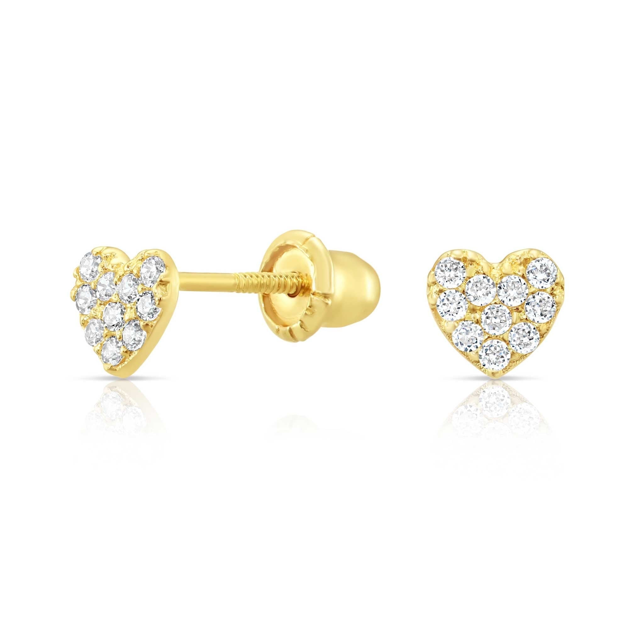 TILO JEWELRY 10K Yellow Gold Small Heart CZ Stud Post Earrings with Secure Screw-Backs | Everyday Dainty Small Earrings for Women & Unisex
