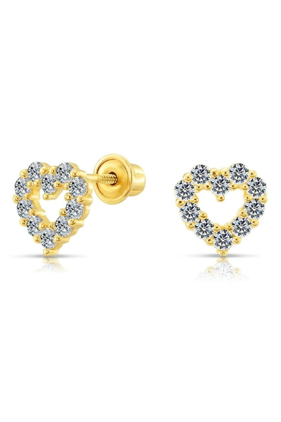 10K Yellow Gold Small Open Heart CZ Stud Post Earrings with Secure Screw-Backs | Everyday Dainty Small Earrings for Women & Unisex