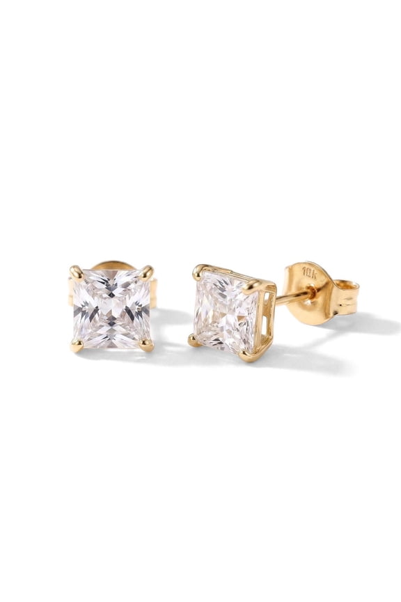 10K Yellow Gold Solitaire Princess-Cut CZ Stud Post Earrings with Secure Push-backs | 3mm | Classic Everyday Earrings | Women, Men, Unisex
