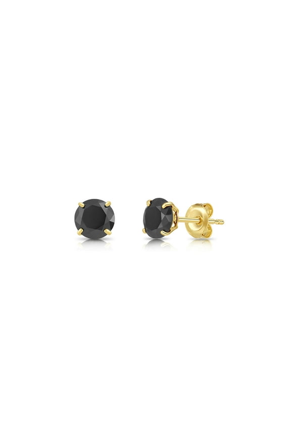10K Yellow Gold Solitaire Round Black CZ Stud Post Earrings with Secure Push-backs | 6mm | Classic Everyday Earrings | Women, Men, Unisex