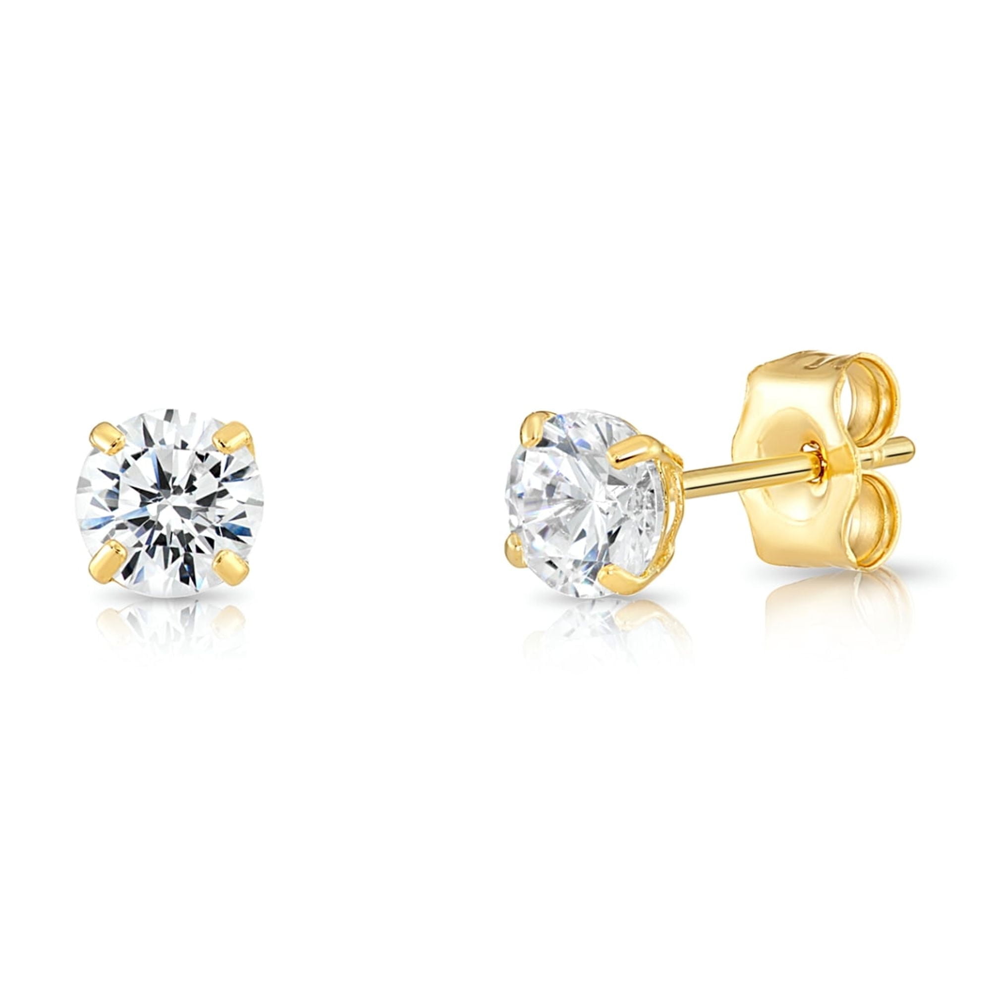 Tilo Jewelry 10K Yellow Gold Solitaire Round CZ Stud Post Earrings with Secure Push-backs | 4mm | Classic Everyday Earrings | Women, Men, Unisex