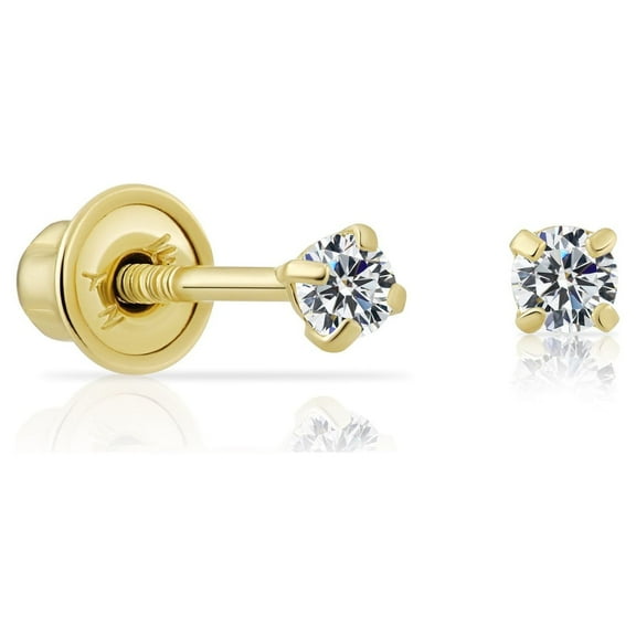 Tilo Jewelry 10K Yellow Gold Solitaire Round CZ Stud Post Earrings with Secure Screw-backs | 2mm | Classic Everyday Earrings | Women, Men, Unisex