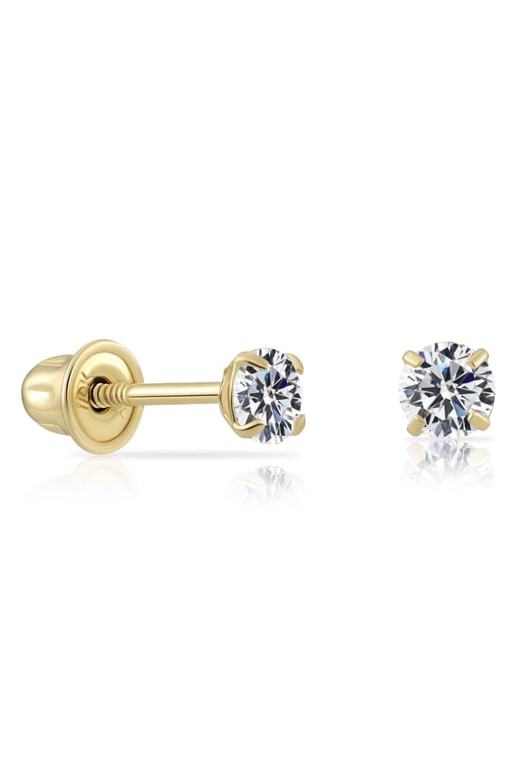 10K Yellow Gold Solitaire Round CZ Stud Post Earrings with Secure Screw-backs | 3mm | Classic Everyday Earrings | Women, Men, Unisex