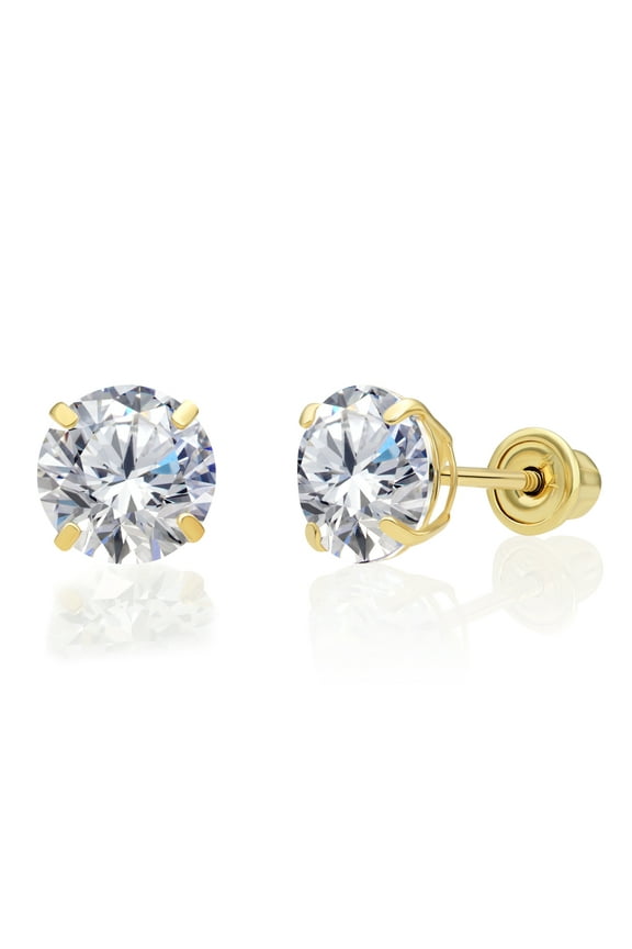 10K Yellow Gold Solitaire Round CZ Stud Post Earrings with Secure Screw-backs | 6mm | Classic Everyday Earrings | Women, Men, Unisex
