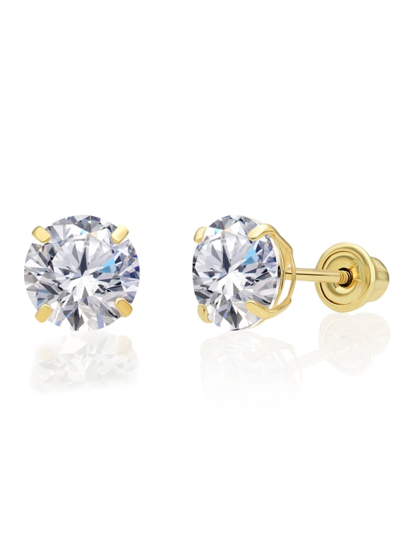 10K Yellow Gold Solitaire Round CZ Stud Post Earrings with Secure Screw-backs | 6mm | Classic Everyday Earrings | Women, Men, Unisex