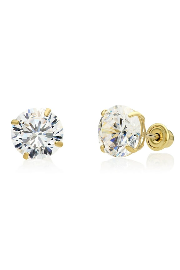 10K Yellow Gold Solitaire Round CZ Stud Post Earrings with Secure Screw-backs | 7mm | Classic Everyday Earrings | Women, Men, Unisex
