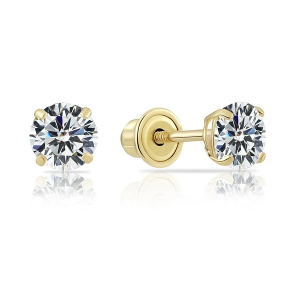 Tilo Jewelry 10K Yellow Gold Solitaire Round CZ Stud Post Earrings with Secure Screw-backs | 4mm | Classic Everyday Earrings | Women, Men, Unisex