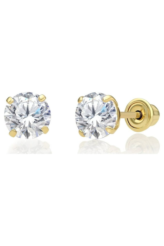 10K Yellow Gold Solitaire Round CZ Stud Post Earrings with Secure Screw-backs | 5mm | Classic Everyday Earrings | Women, Men, Unisex