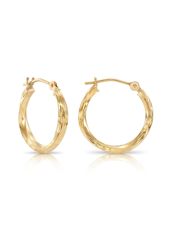 10K Yellow Gold Twisted Round Hoop Earrings with Diamond-Cut Engraving | 16mm | Everyday Earrings for Women & Unisex