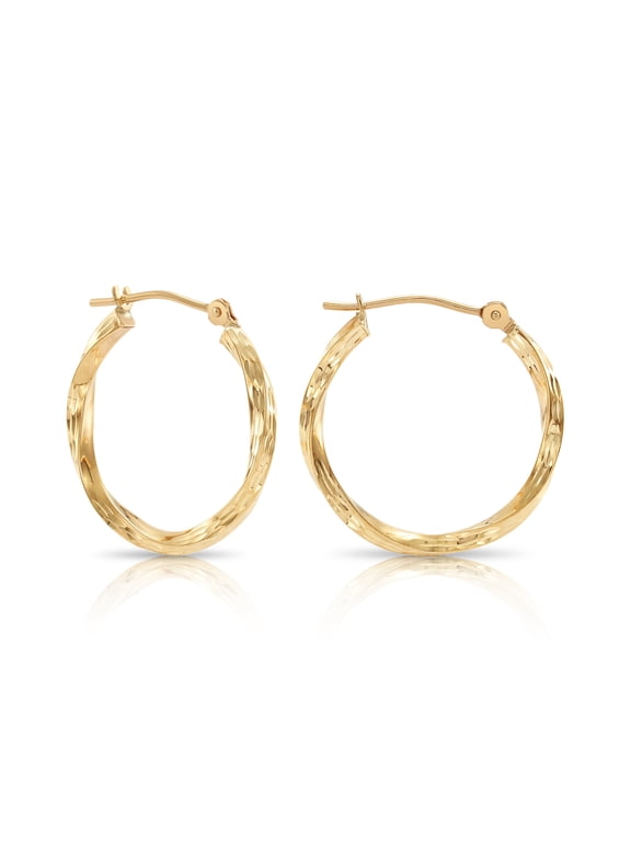 10K Yellow Gold Twisted Round Hoop Earrings with Diamond-Cut Engraving | 20mm | Everyday Earrings for Women & Unisex