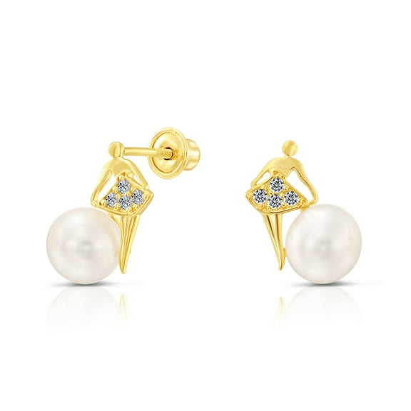 Tilo Jewelry 10k Yellow Gold Cute CZ Ballerina and White Freshwater Pearl Stud Earrings with Secure Screw-Backs for Women & Unisex