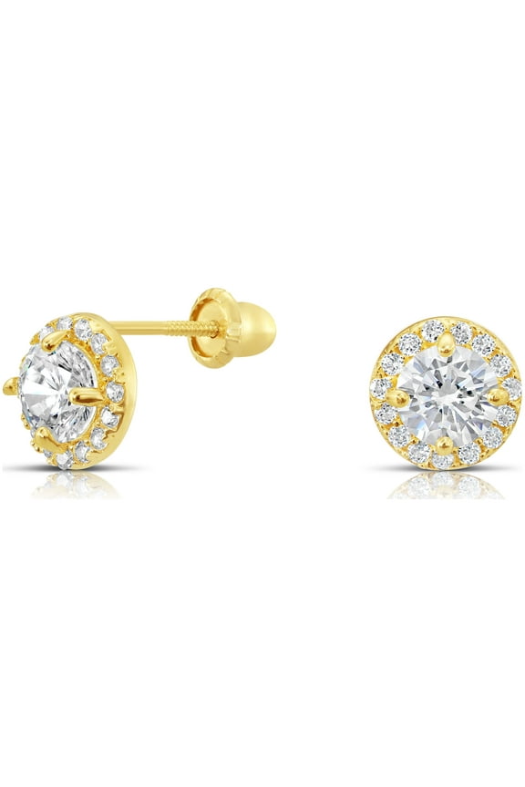 10k Yellow Gold Halo CZ Round Stud Earrings with Screw-Backs for Women & Unisex
