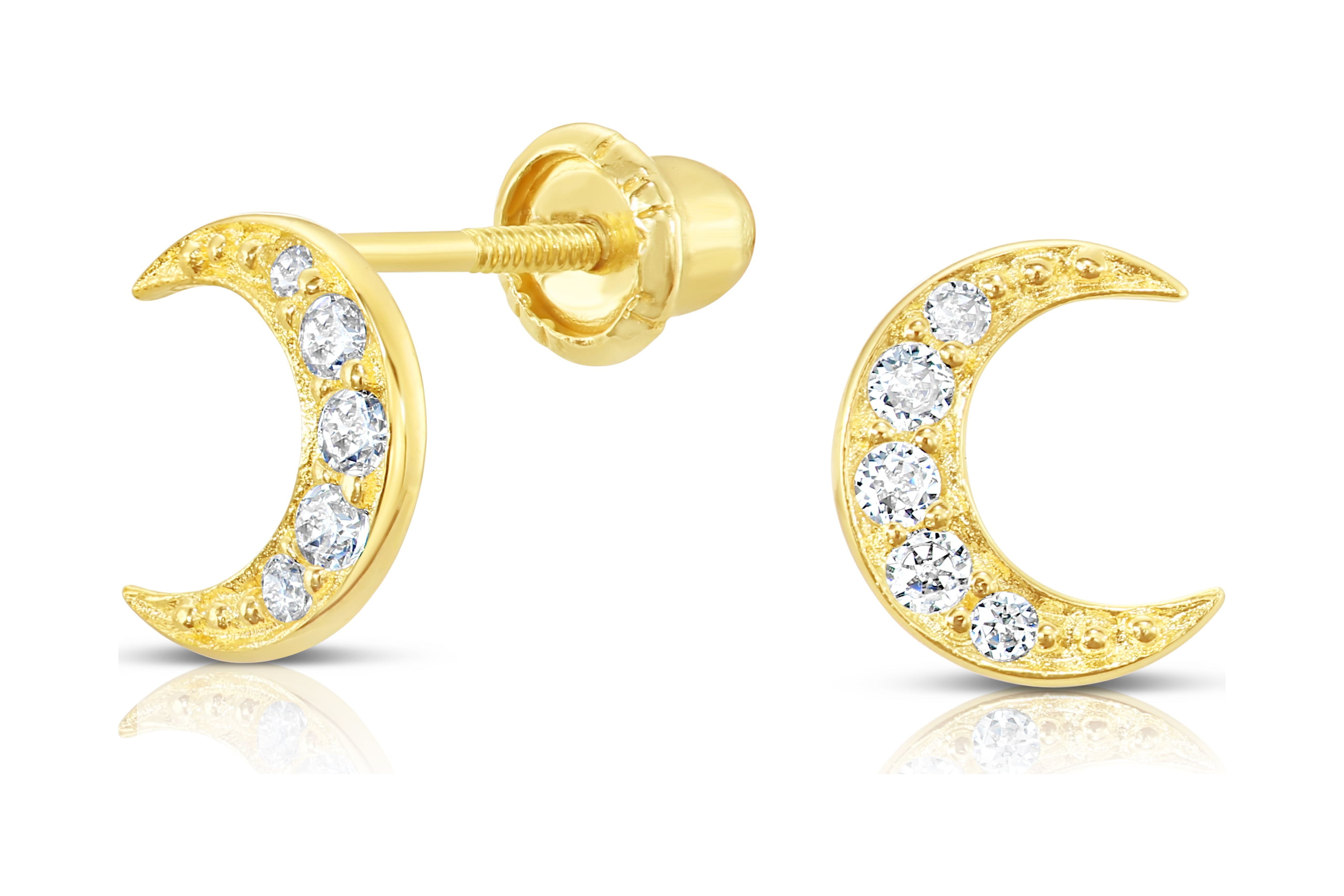 Tilo Jewelry 10K Yellow Gold Small Moon Crescent CZ Stud Post Earrings with Secure Screw-Backs | Everyday Dainty Small Earrings for Women & Unisex