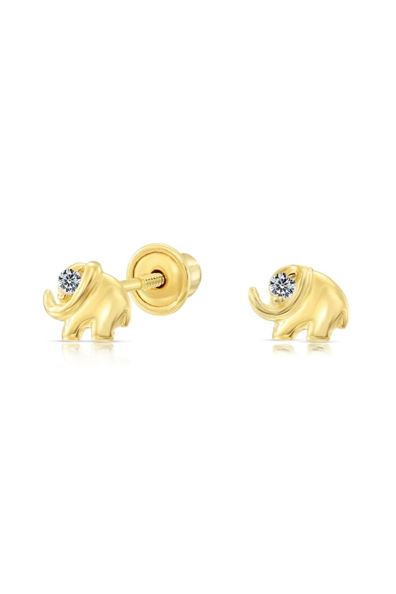 10K Yellow Gold Small Elephant CZ Stud Post Earrings with Cubic Zirconia CZ Stones | Secure Screw-Backs | Dainty Everyday Earrings for Women & Unisex
