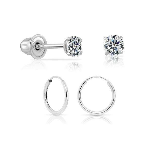 Tilo Jewelry 14K 10mm White Gold Endless Hoop and 10K 3mm CZ Stud Earrings Screwback Set - Women, Men, Unisex