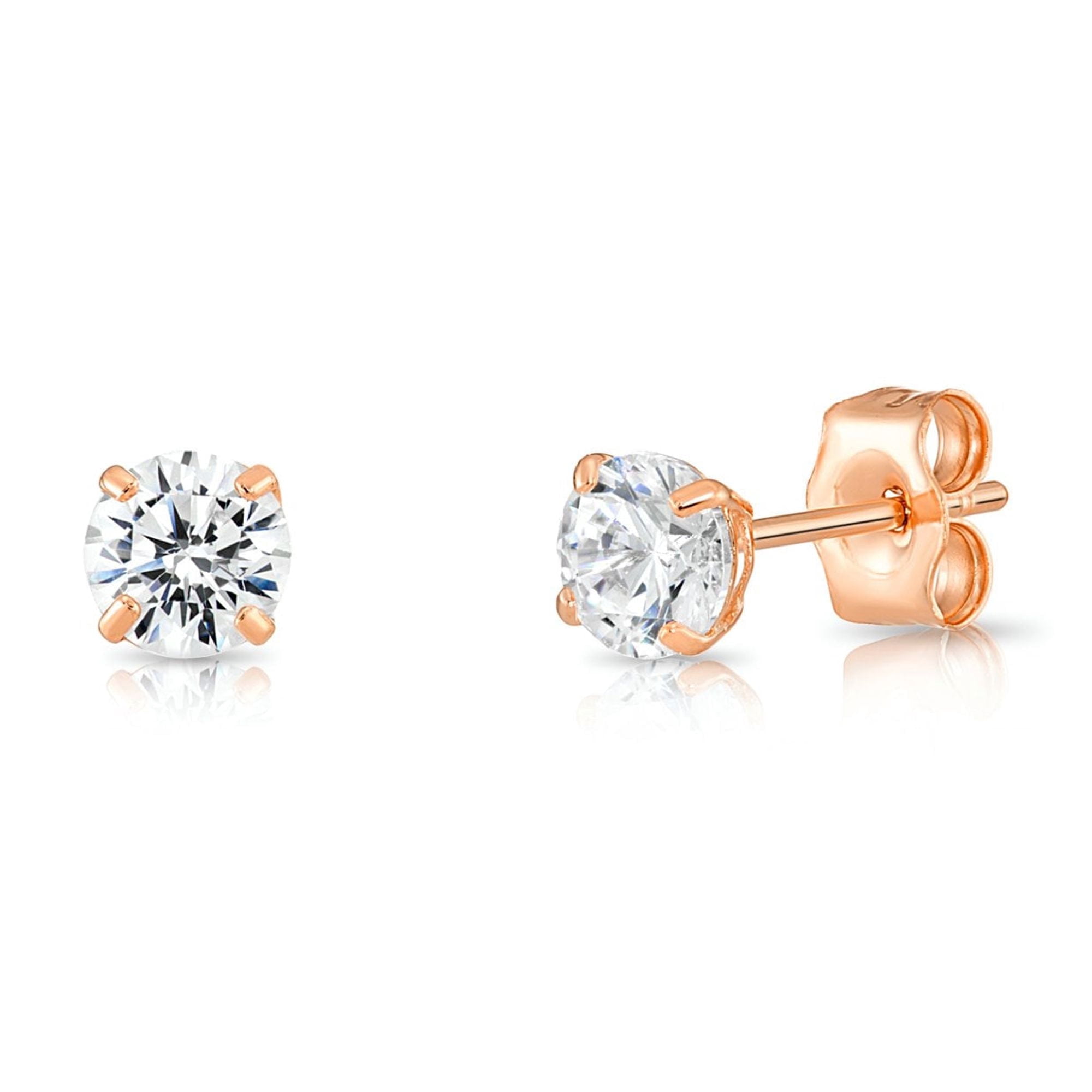 Tilo Jewelry 14K Rose Gold Solitaire Round CZ Stud Post Earrings with Secure Push-backs | 4mm | Classic Everyday Earrings | Women, Men, Unisex