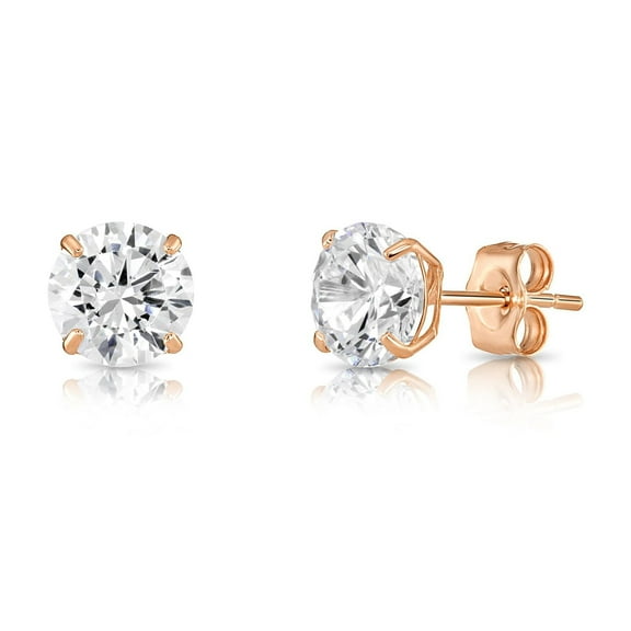 Tilo Jewelry 14K Rose Gold Solitaire Round CZ Stud Post Earrings with Secure Push-backs | 6mm | Classic Everyday Earrings | Women, Men, Unisex