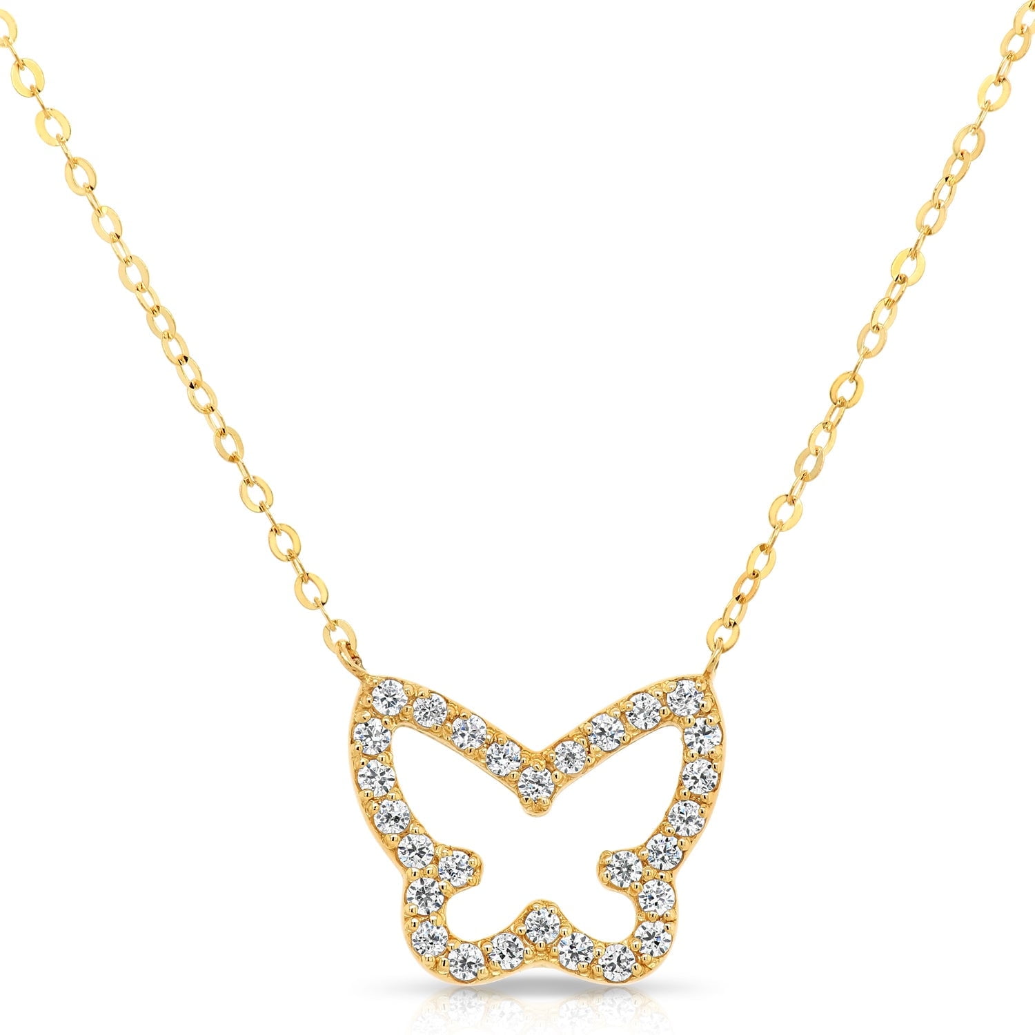 Tilo Jewelry 14K Solid Yellow Gold Butterfly Necklace with CZ for Women & Unisex | Everyday Necklace | Adjustable from 16 Inches to 18 Inches