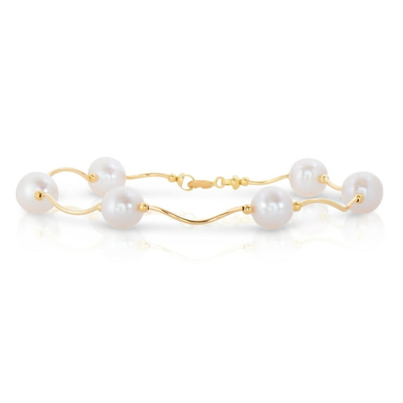 Tilo Jewelry 14K Yellow Gold 8.5-9mm Freshwater Pearl Station Beaded Bracelet | 8 Inch | Women & Girls