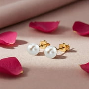 TILO JEWELRY 14K Solid Yellow Gold Genuine Freshwater Pearl Stud Post Earrings with Secure Push-backs | 5.5-6mm | Classic Everyday Earrings | Women, Men, Unisex