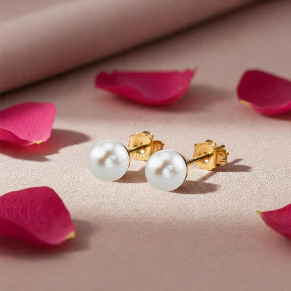 Tilo Jewelry 14K Solid Yellow Gold Genuine Freshwater Pearl Stud Post Earrings with Secure Push-backs | 5.5-6mm | Classic Everyday Earrings | Women, Men, Unisex