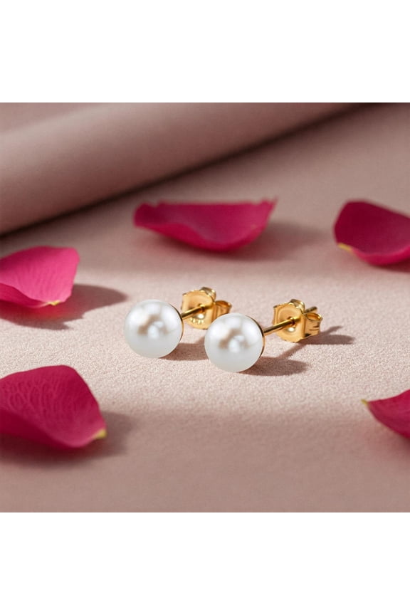 14K Solid Yellow Gold Genuine Freshwater Pearl Stud Post Earrings with Secure Push-backs | 5.5-6mm | Classic Everyday Earrings | Women, Men, Unisex