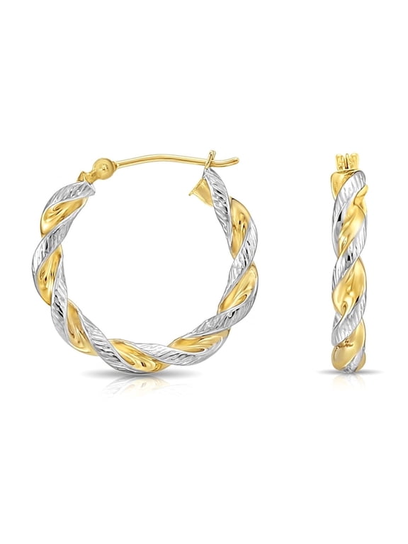 14K Two-Tone Gold Twisted Rope Chunky Hoop Earrings with Diamond-Cut Engraved (21mm) for Women & Unisex