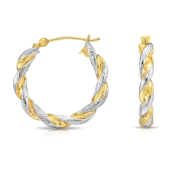 Tilo Jewelry 14K Two-Tone Gold Twisted Rope Chunky Hoop Earrings with Diamond-Cut Engraved (21mm) for Women & Unisex