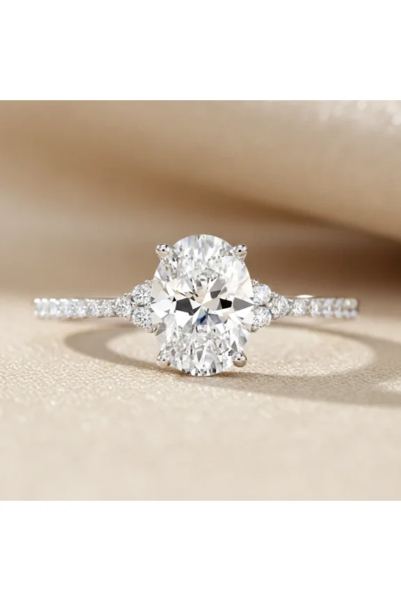 14K White Gold 1.50 Carat Solitaire Oval-Shaped Engagement Wedding Ring with Side-stone Accents | Size 6 | Classic Engagement Ring for Women