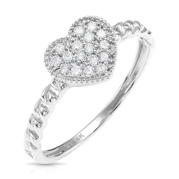 Tilo Jewelry 14K White Gold .17 Carat Diamond Heart Statement Engagement Wedding Ring with Cuban Chain Link Band | Size 8 | Dainty Heart Diamond Ring for Women & Girls