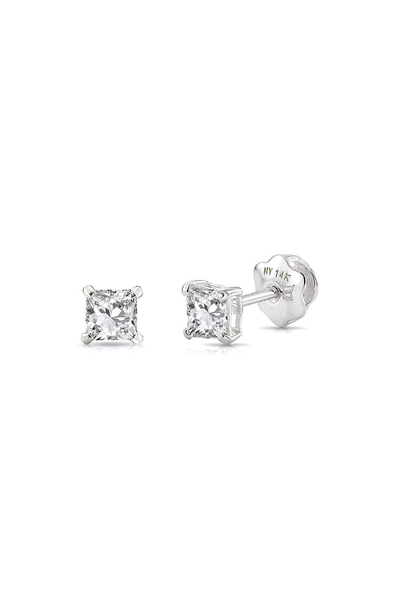14K White Gold .30 Carat Solitaire Princess-Cut Diamond Stud Post Earrings with Secure Screw-backs | 3mm | Lab Grown Diamond Earrings | Women, Men, Unisex