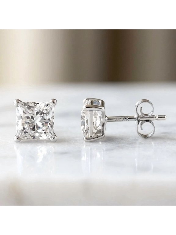 14K White Gold .35 Carat Solitaire Princess-Cut Diamond Stud Post Earrings with Secure Push-backs | 3mm | Lab Grown Diamond Earrings | Women, Men, Unisex